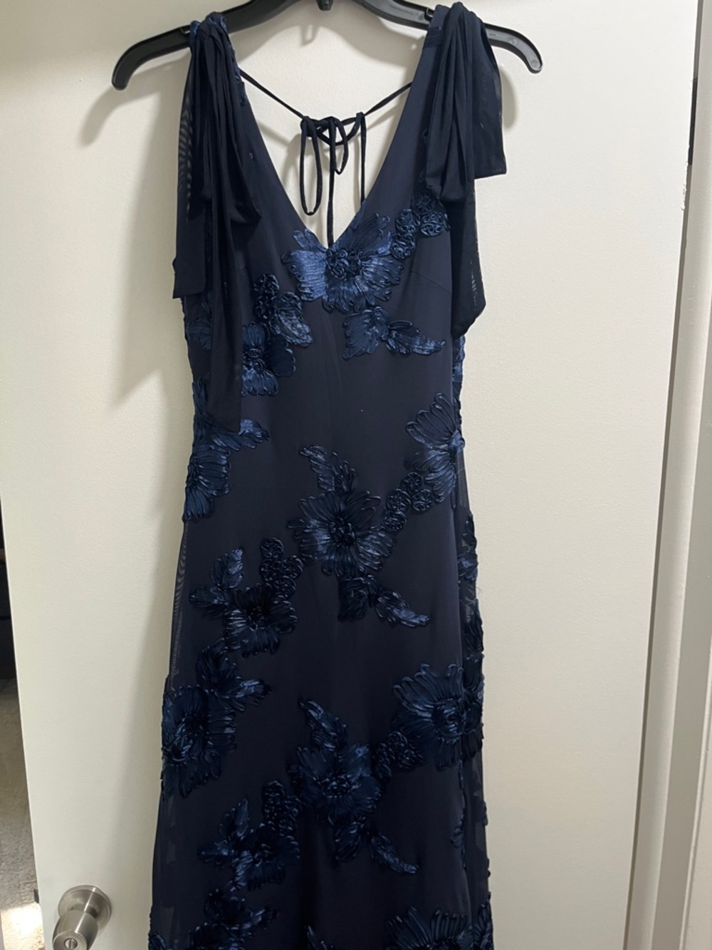 Navy Floral Appliqué Evening Dress